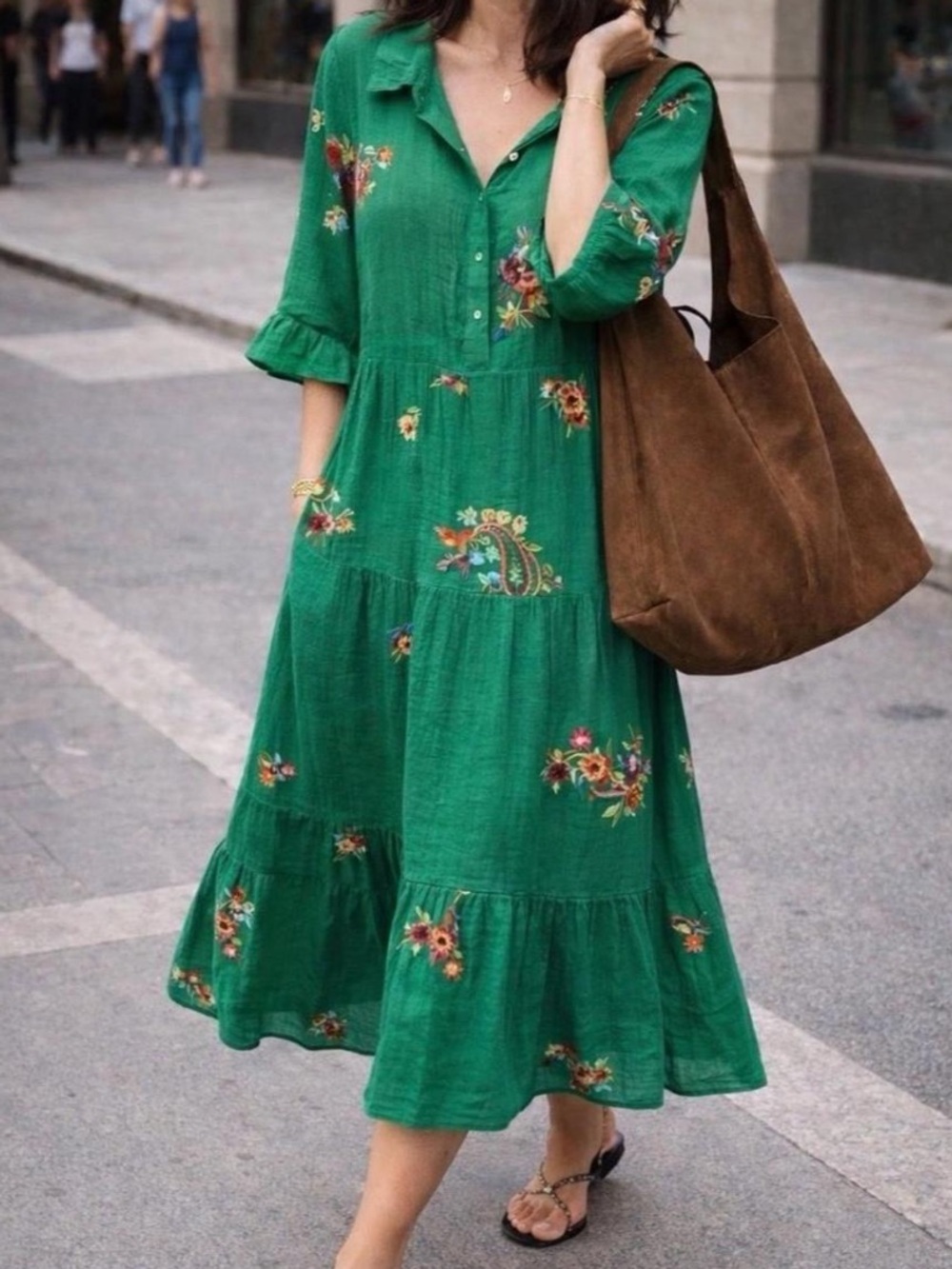 NWT Figueroa & Flowers Green Floral Embroidered Midi Dress Size Large L